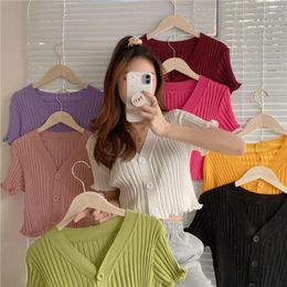 Women's T Shirts 2024 V-neck Knitted Cardigan Summer Thin Camisetas Feminino Sexy Short Sleeve Solid Colour Slim T-shirts Button Up Tops For