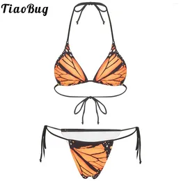 Women's Swimwear Micro Thongs Swimsuit Womens Sexy Bikini Bathing Suit Padded Triangle Cup Bra Bandage Briefs Beachwear Butterfly Print