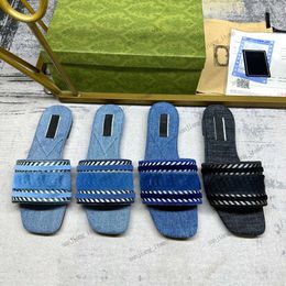 Denim blue embroidered slippers for women ladies frayed edge canvas slides G Letter Cutout Designer Sandals slip on flat Flip Flops Flats Embroidery Mules Shoes 35-42