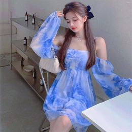 Casual Dresses Summer Fairy Skirt Sea Blue Printed Princess Women'S Fashion And Leisure Trend Lace Up Long Sleeve Bubble Retro