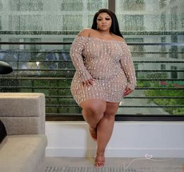 Fat Woman Sexy Club Crystal Beaded Wed Sheer Plus Size Dress African Dashiki Elastic Big Women Ladies Long Sleeve Bodycon Short Pa7541001