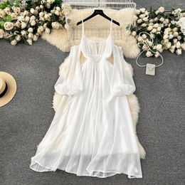 Casual Dresses Foamlina Beach Vacation Dress For Women Fashion Spring French Bubble Sleeves Hollowed Out Backless White