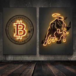 Neon Prints Gold Bitcoin Posters Wall Art Abstract Cattle Canvas Painting Wall Pictures Modern Living Room Home Decor Frameless