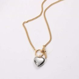 Boutique Jewelry, Gold-Plated Stainless Steel, Two Tone Cuban Chain, Heart-Shaped Pendant, Elbow Necklace, Women's Matte Waterproof