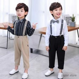 Suits Boys Summer Formal T Shirt +Pants +Suspender+Tie 4PCS Clothing Set Kindergarten Kids Dress Children Chorus Performance Costume