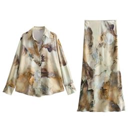 Zach Ailsa Spring Product Womens Tie Dyed Silk Satin Texture Shirt Fashion High Waist Skirt Casual Set 240407