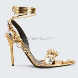 Womans Tom Fords Shoes Metallic Crystal Embellished Ankle-tie Sandals Heeled Stiletto Heels for Women Party Evening Shoes Open Toe Calf Mirror Leather Trainers 767