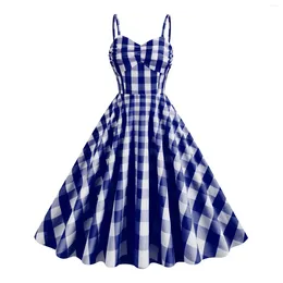 Casual Dresses Women Vintage Pink Plaid Dress Retro England Style Strap Suspenders Cocktail Party Elegant Summer Sleeveless Swing