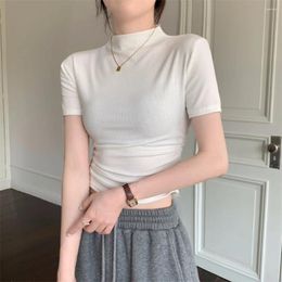 Women's T Shirts Solid Colour Half High Neck Short Sleeves Elastic Polyester Summer Slim Fit T-shirt Fashion Top