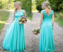 2022 Turquoise Bridesmaids Dresses Sheer Jewel Neck Lace Top Chiffon Long Country Bridesmaid Maid of Honour Wedding Guest Dresses C9312869