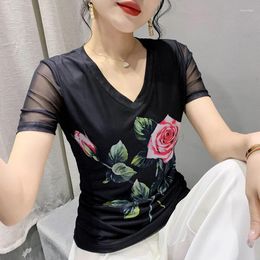 Women's T Shirts Summer European Clothes Loose T-Shirt Chic V-Neck Print Mesh Rose Flower Tops Short Sleeve Bottoming Shirt S-4XL Sise Tees