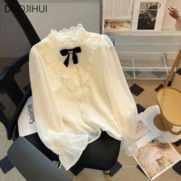 Women's Blouses DUOJIHUI French Chic Stand Neck Simple Chiffon Female Shirt Autumn Fashion Solid Colour Loose Office Ladies Sweet Women