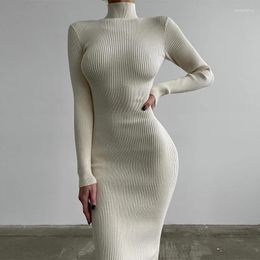 Casual Dresses Fashion Knitted Long Sleeve Strip Ladies Dress Elegant Women's Solid Sexy Slim Tight High-waist Office-lady Clothes 30171