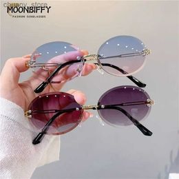 Sunglasses Trendy Sunglasses For Woman Summer Rimless Cut-edge Sunglass Oval Fashion Brand Designer Shades Pink Womens Sun Glasses UV400 Y240416