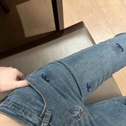 Spring and summer spicy little perfume style embroidery washed high-waisted small feet Slim thin jeans female