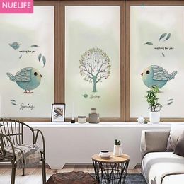 Window Stickers Blue Bird Color Tree Pattern Electrostatic Frosted Glass Film Bathroom Move Door Opaque