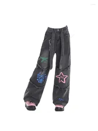 Women's Jeans Black Gothic High Waist Star Vintage Korean 90s Y2k Trashy Cowboy Pants Harajuku Wide Denim Trousers 2000s Clothes