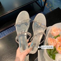 Slippers 2024 Summer Sparkling Diamond Thick Heel Open Toe Flat Bottom High External Wearing Female