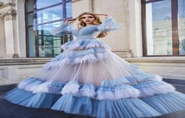 2020 Sky Blue See Thru Feather Aline Prom Dresses With Puffy Full Sleeves Formal Dress Ruffles Tiered Long Prom Gowns9887029