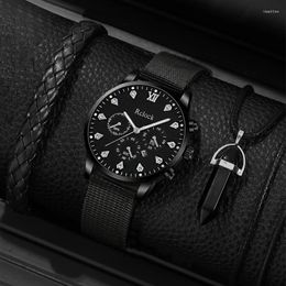 Wristwatches 3PCS Set Fashion Mens Calendar Watches Men Business Casual Hand Rope Necklace Black Nylon Strap Quartz Watch Relogio Masculino