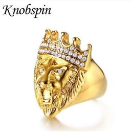 Men's Hip Hop Gold Tone Roaring King Lion Head and Crown CZ Ring for Men Rock Stainless Steel Pinky Rings Male Jewelry199M