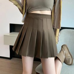 Skirts Coigarsam Women Short Skirt Spring 2024 Preppy Style Office Lady Solid Folds High Waist White Gray Black Khaki