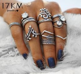 Cluster Rings 17KM Vintage Silver Color Knuckle Carving Antique Hollow Flower Leaves Crystal Party Jewelry For Women 8 PCSLot2040976