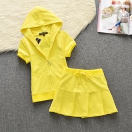 Korean Version Juicy Counter Short Skirt Set 2024 Summer New Cotton Tennis Casual Sports Two Piece Set Zipper Short Sleeve Hooded and Mini Pleated Skirt
