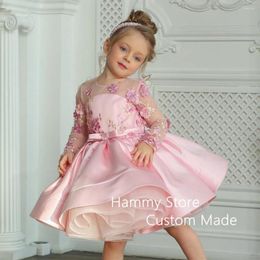 Girl Dresses Pink Satin Flower Dress Round Neck Long Sleeves Flowers Puffy Birthday Party Gown For Pageant First Communion