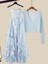 Work Dresses Summer Sets For Womens Outfit Korean V-neck Long Sleeve Sunscreen Cardigan Ruffles Patchwork Fairy Dress Two Piece Set