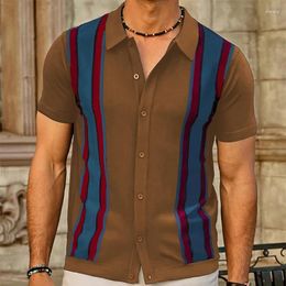 Men's Casual Shirts Vintage Striped Patchwork Mens Knit Shirt Summer Short Sleeve Button Lapel Slim For Men Knitwear Fashion Cardigans