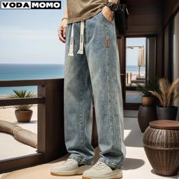 2024 Elastic loose straight jeans mens wide legged denim pants casual trousers Korean style Sportswear clothing 240408