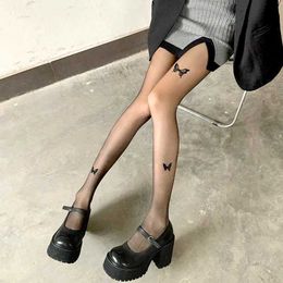 DM3T Sexy Socks Summer Ultra-thin Fake Tattoo Stockings Y2K Butterfly Pantyhose Tights for Women Sexy Black Transparent Lolita Silk Stockings 240416