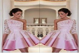 One Shoulder Satin A Line Homecoming Dresses 2018 Elegant Pink Lace Applique Short Party Prom Evening Dresses BA2921 Custom9395496