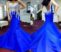 New Arrival 2018 Evening Dresses Sweetheart Straps Sexy Backless Mermaid Court Train Luxury Beaded Long Royal Blue Formal Gowns Pa8345493