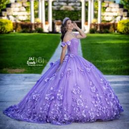 Lilac 3D Flowers Lace Ball Gown Quinceanera Dresses Off The Shoulder Beading Crystal Corset Vestidos De 15 Anos