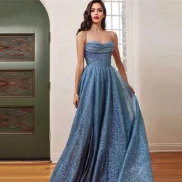 Party Dresses BridalAffair Sparkly Dusty Blue Champagne Tulle Long Prom Plus Size Spaghetti Straps Glitter Evening Gowns