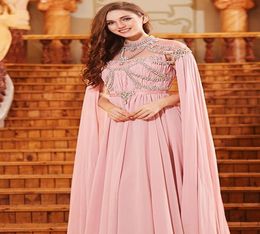 Meat Pink Chiffon Muslim Evening Dresses Aline Illusion High Neck Crystal Islamic Dubai Kaftan Saudi Arabic Long Evening Gown6179506