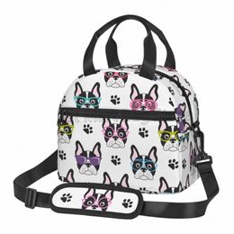 cute French Bulldogs with Glasses Pattern Insulated Lunch Bag for Teens School Picnic Reusable Portable Thermal Bento Tote Bags J1vh#