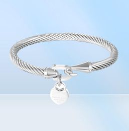 Bangle Classic Design Hook Cuffs Hang Peach Heart Charm Bracelets For Women Stainless Steel Cable Jewelry Love Pulsera Gift3660144