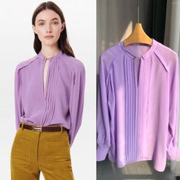 Women's Blouses Shan Lan Purple French Niche High-end Luxury Elegant V-neck Pleated Chain Silk Long-sleeved Shirt Blouse Women