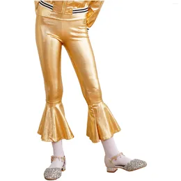 Clothing Sets Kids Girls Shiny Metallic Jazz Dance Costume Sleeveless Rhinestone Crop Top Vest High Waist Ruffle Hem Bell-Bottom Pants