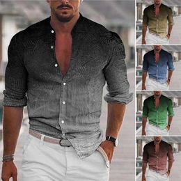 Men's Casual Shirts Men Long Sleeve Shirt Stylish Stand Collar With 3d Print Gradient Design Slim Fit Top For Daily