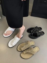 Slippers Casual Women Sandals Black White Khaki Rivet Rhinestone Design Summer Outside Flat Low Heeled 2024 Arrivals 35-39