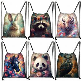 animals Racco Horse Owl Drawstring Bag Kawaii Panda Backpacks Outdoor Travel Storage Bag Shoes Holder Teenager Book Bags Gifts W7gE#