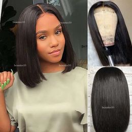 Natural Women Short Bob Frontal Straight Synthetic Lace Front Wig 10% Brazilian Human Hair Wigs Pre Plucked Heat Resistant Soft s