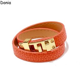 Donia Jewellery European and American fashion 316L stainless steel square buckle bracelet double loop leather rope luxury 240410