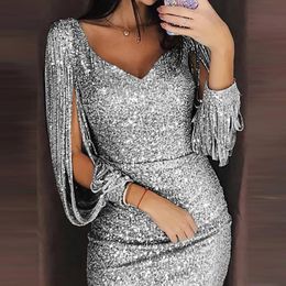 Women Sexy Dresses Glitter Sparkly Sequin Tassel Sleeves V Neck Club Mini Skinny Sundress Elegant Ladies Party 240416