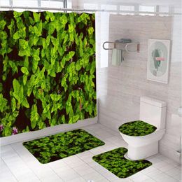 Shower Curtains Green Leaves Curtain Sets Modern Tropical Plant Jungle Flowers Art Bathroom Anti-slip Bath Mat Toilet Cover Rugs