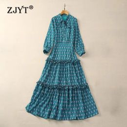 Casual Dresses ZJYT 2024 Runway Designer Spring Midi Print For Women Fashion Bow Collar Daily Holiday Dress Elegant Green Robe